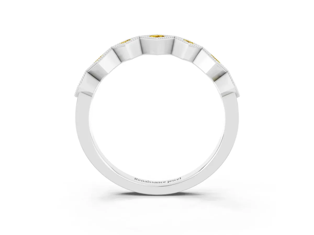 Milgrain Square Bezel Round Yellow Sapphire Chevron Band Silver