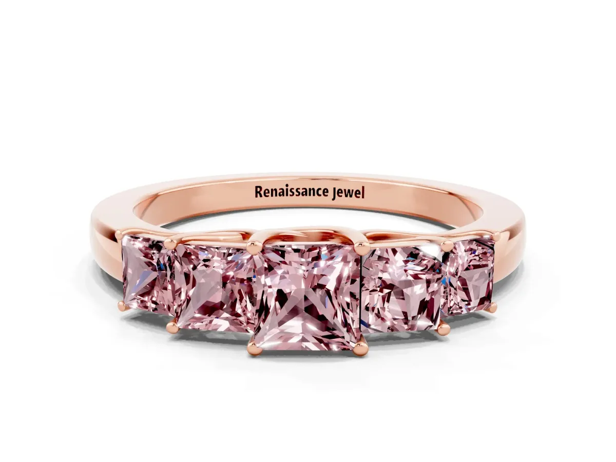 Princess Cut Five-Stone Morganite Ring with Classic Prong Setting Rose gold