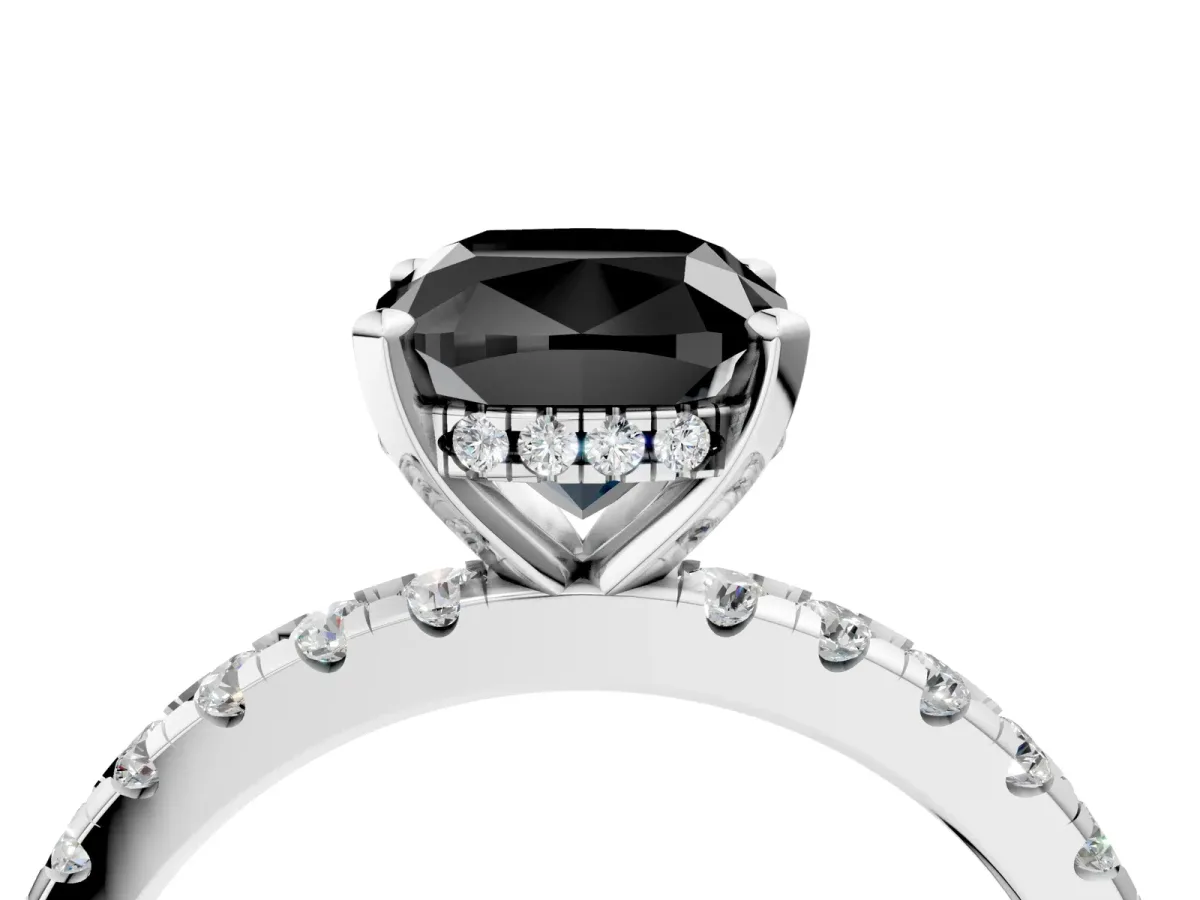 Fancy Black Cushion Cut Diamond Solitaire Ring with Round Pavé Band and Four-Prong Setting Silver