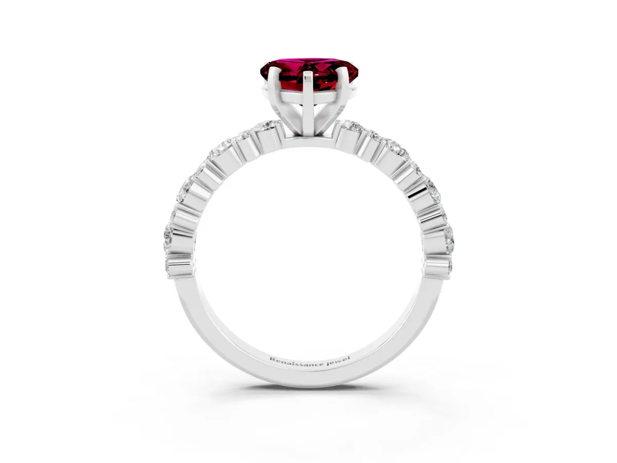 Heart Cut Garnet Side Stone Solitaire Ring with Round and Four-Prong Setting Platinum