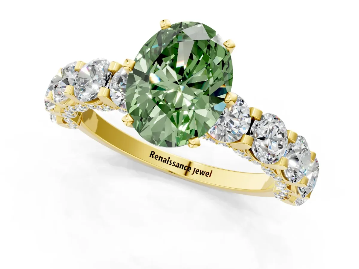Fancy Green Oval Cut Diamond Side Stone Engagement Ring with Four-Prong Setting Yellow gold