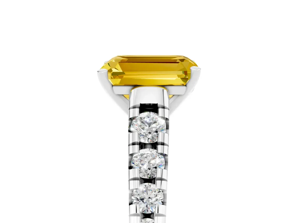 Emerald Cut Yellow Sapphire Cathedral Solitaire Ring with Round Pavé Band Silver
