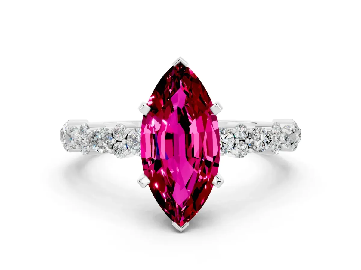 Marquise Cut Garnet Side Stone Solitaire Ring with Round and Four-Prong Setting Silver