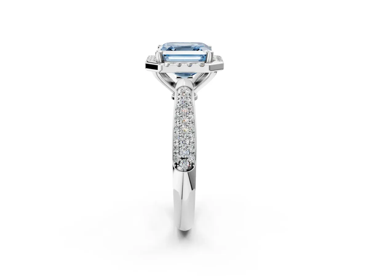 Fancy Blue Asscher Cut Cut Halo Pave Band Four-Prong Setting Ring Platinum