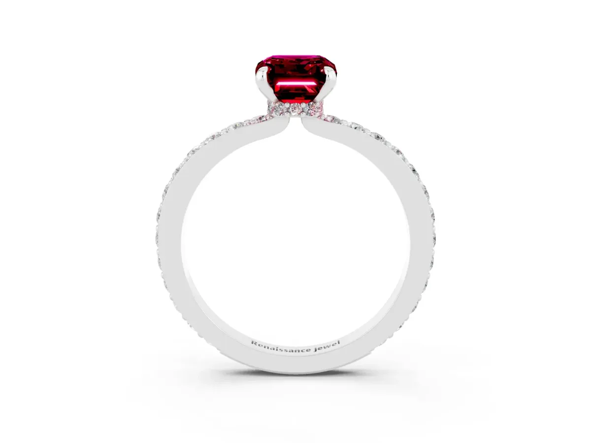 Emerald Cut Garnet Solitaire Engagement Ring with Pavé Band and Four-Prong Setting Silver