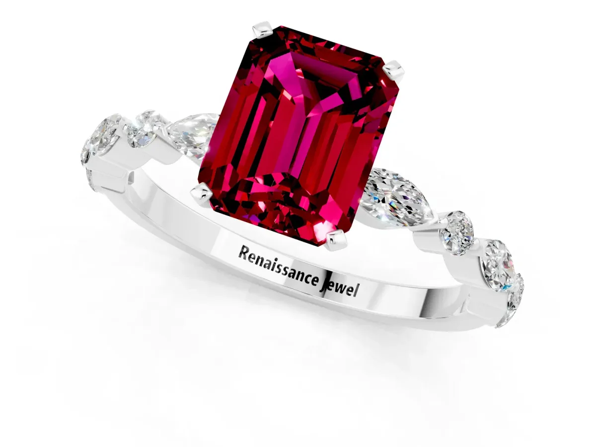 Emerald Cut Garnet Ring with Marquise and Round Side Stones and Four-Prong Setting Silver