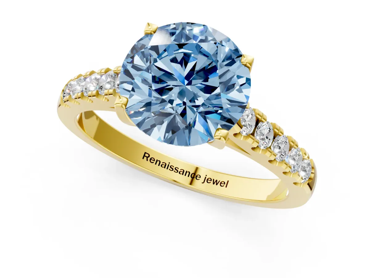 Fancy Blue Round Cut Diamond Pavé Band Solitaire Ring with Prong Setting Yellow gold