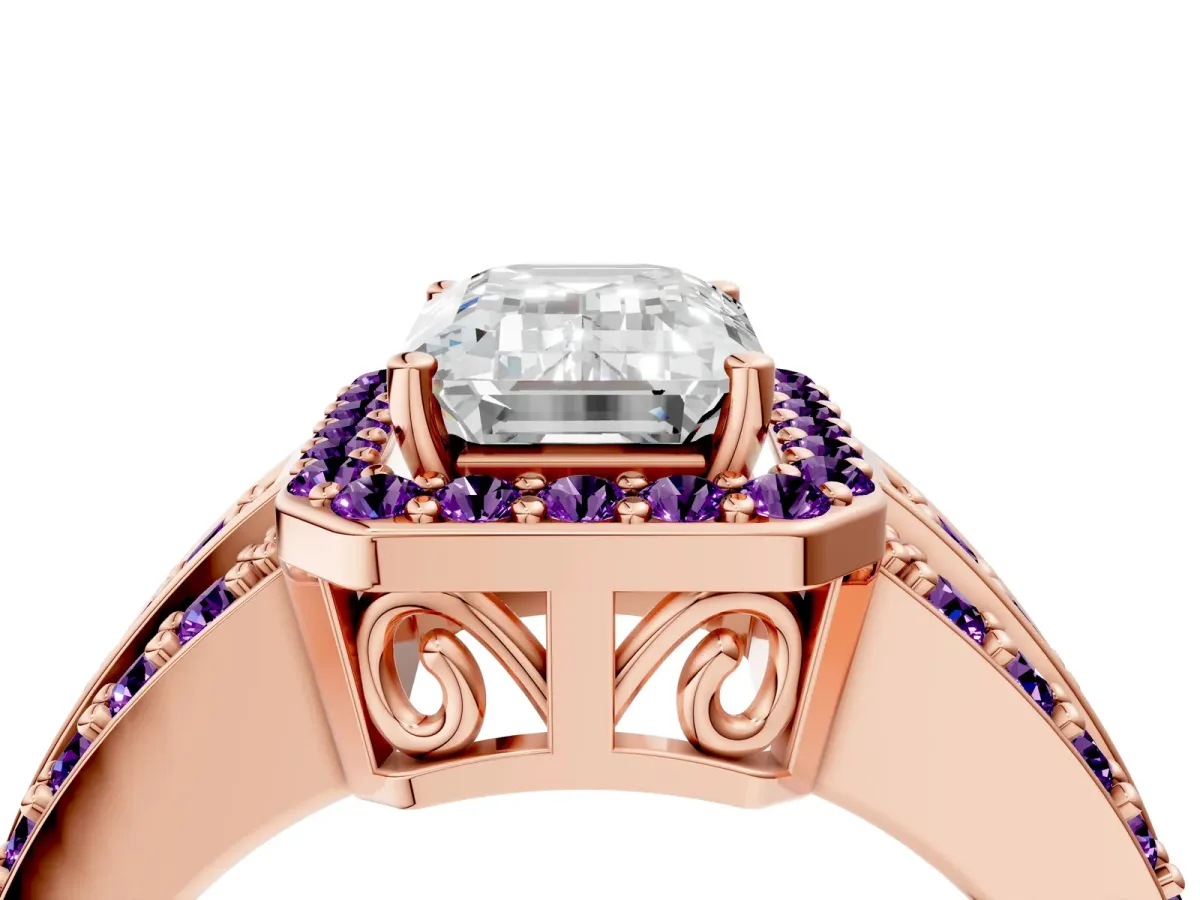 Emerald Cut Halo Diamond Ring with Round Amethyst Split Shank and Prong Setting Rose gold