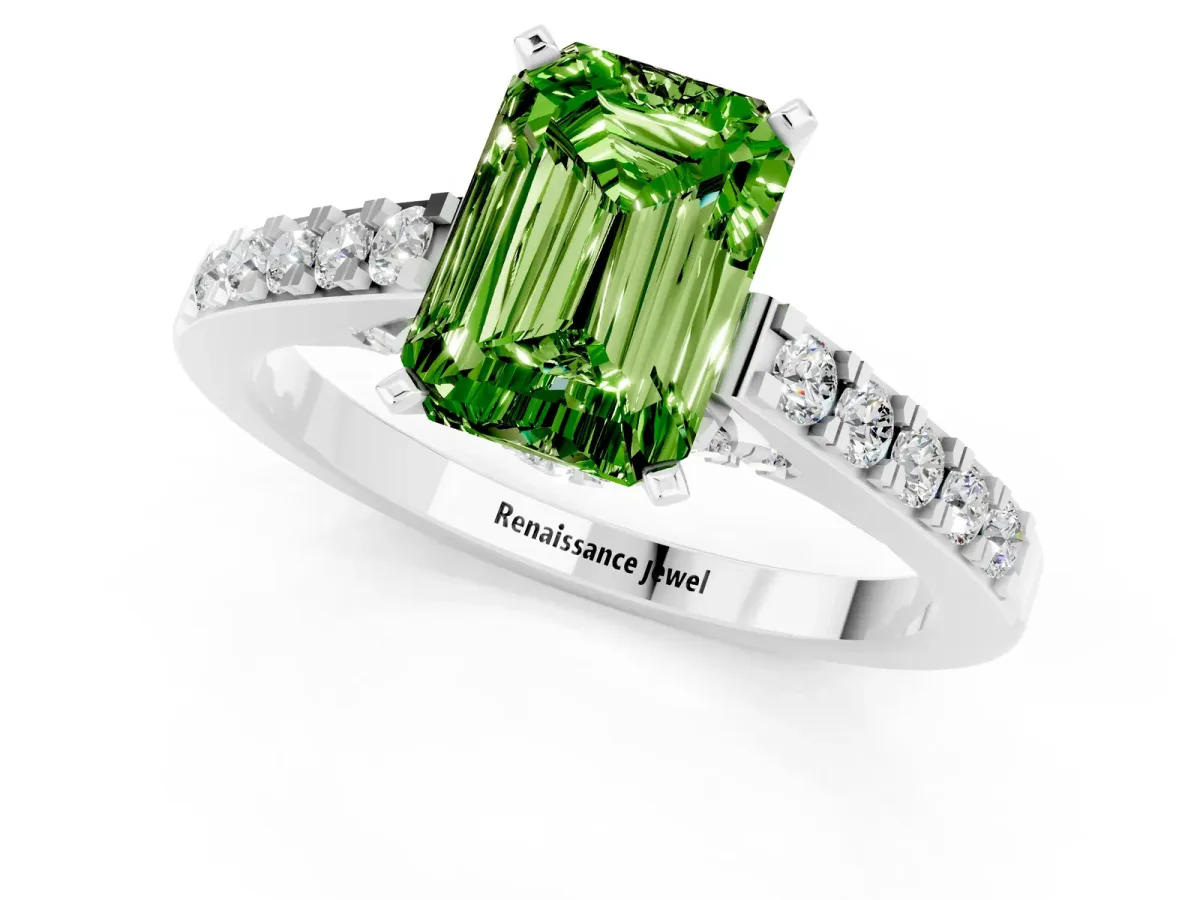Emerald Cut Peridot Solitaire Ring with Crossover Gallery and Round Pavé Band Silver
