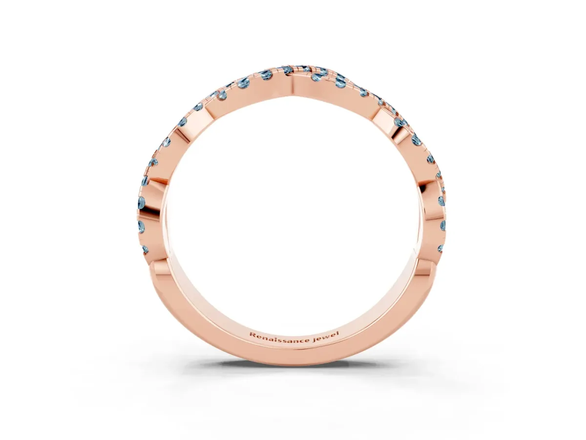 Round Aquamarine Twisted Eternity Band with Pavé and Shared Prong Setting Rose gold