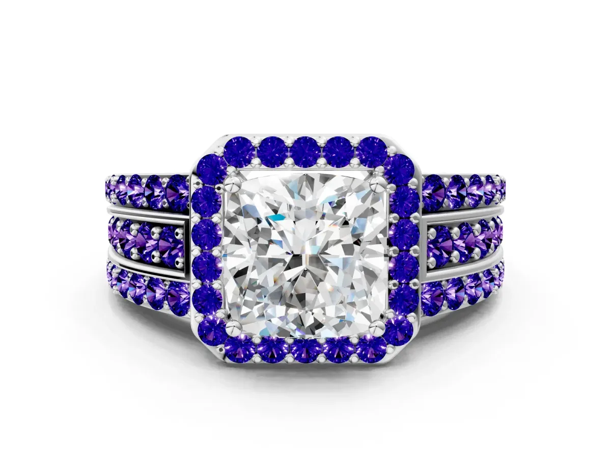 Cushion Cut Halo Diamond Ring with Round Tanzanite Split Shank and Prong Setting Silver