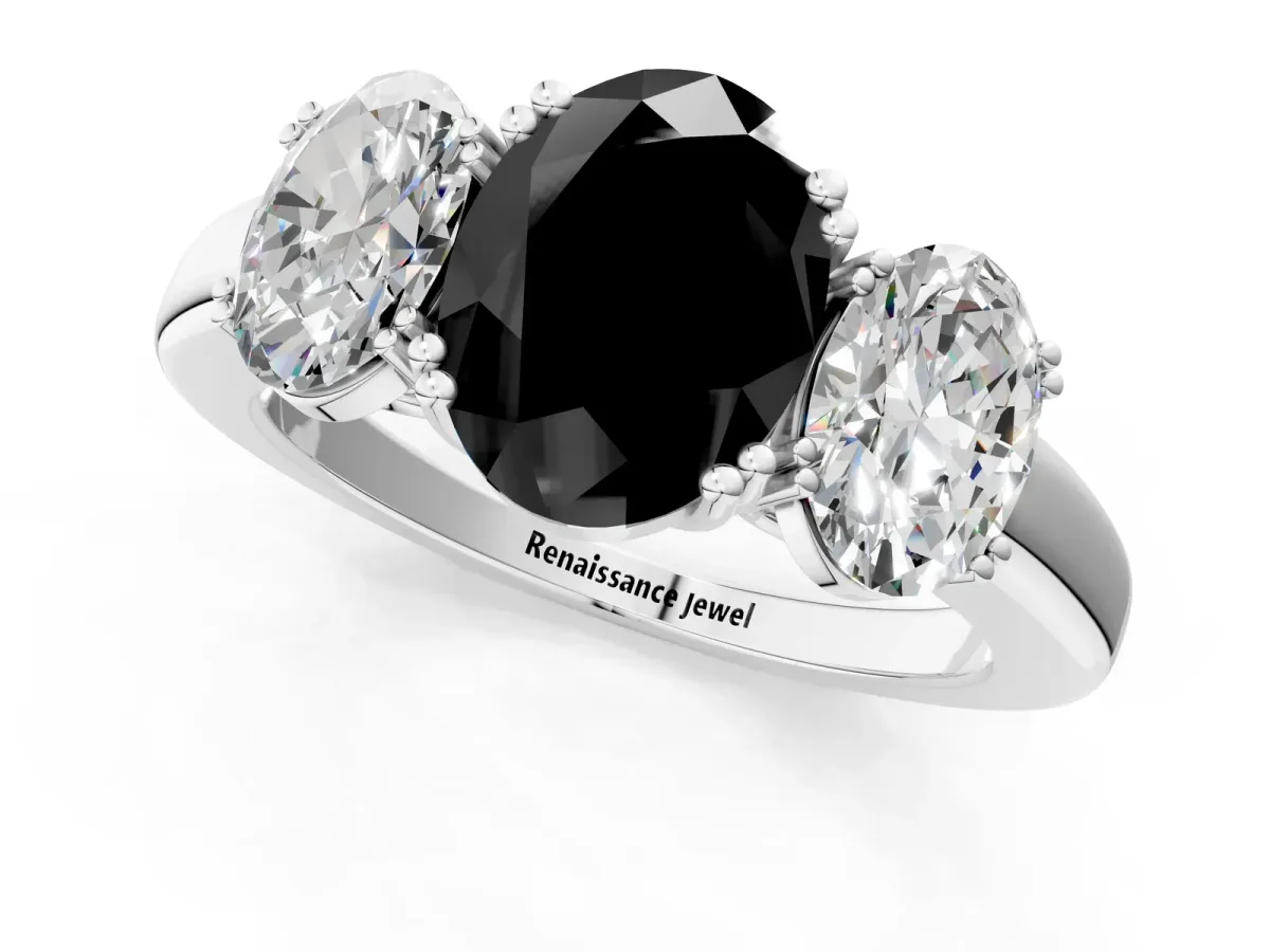 Fancy Black Three-Stone Oval Cut Cut Diamond Ring with Channel Set Band and Four-Prong Setting Silver