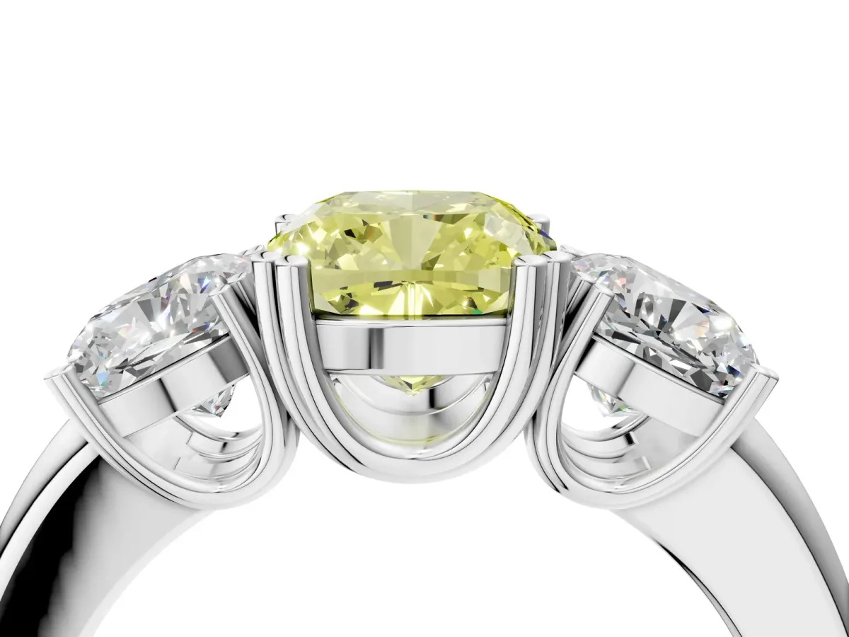 Fancy Yellow Three-Stone Cushion Cut Cut Diamond Ring with Channel Set Band and Four-Prong Setting Silver