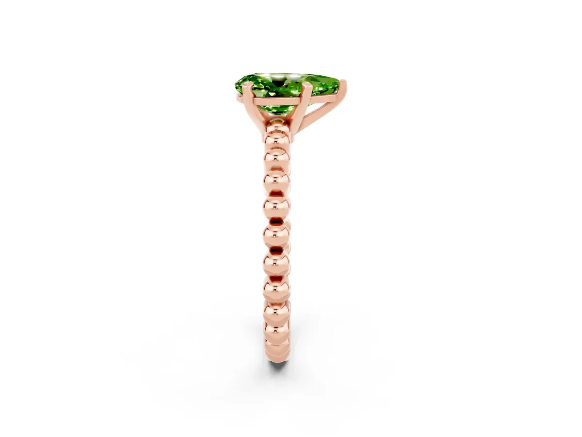Pear Cut Peridot Solitaire Ring with Beaded Band and Prong Setting Rose gold