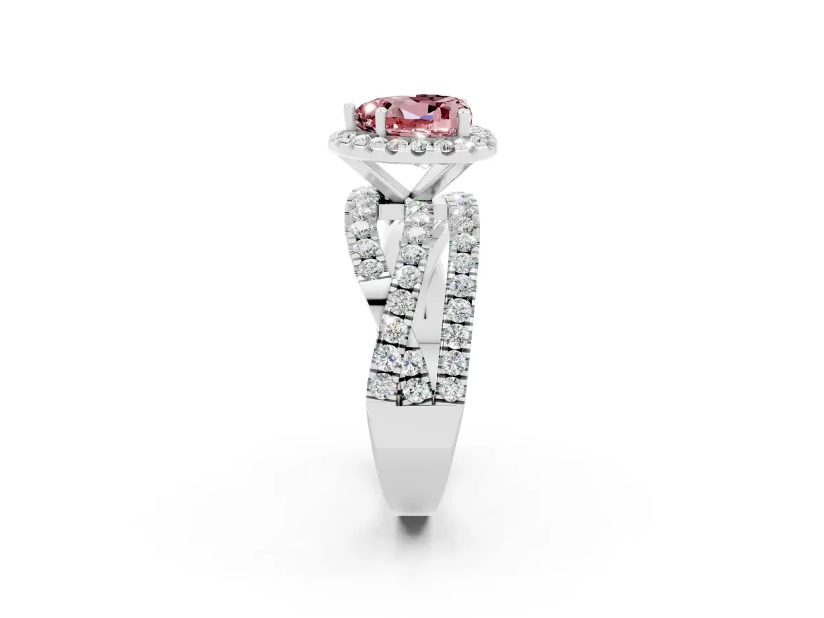 Heart Cut Morganite Halo Ring with Round Split Shank and Prong Setting Platinum