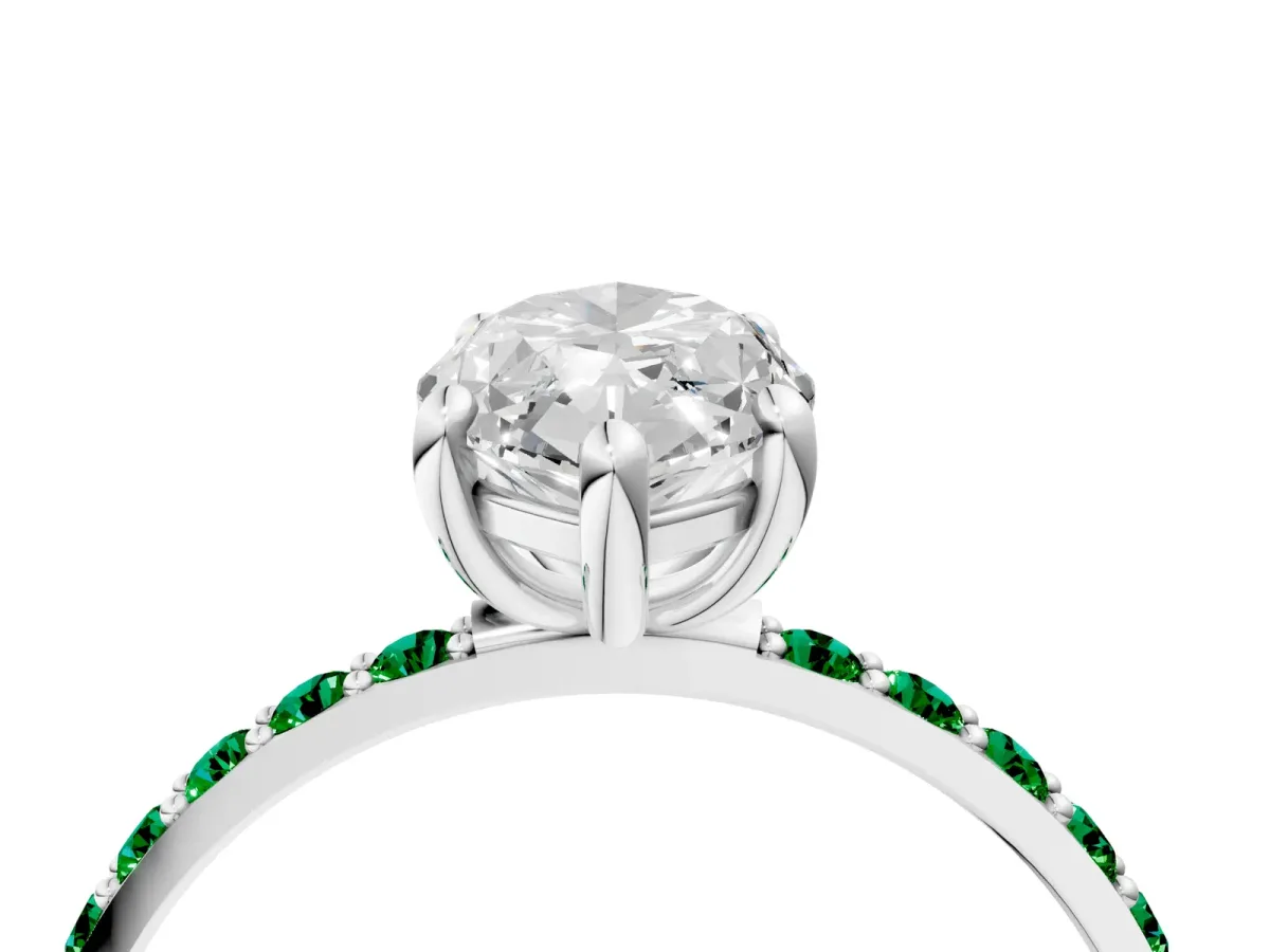 Marquise Cut Diamond Solitaire Ring with Round Emerald Pavé Band and Prong Setting Silver