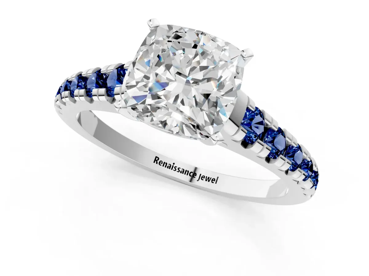 Cushion Cut Diamond Cathedral Solitaire Ring with Round Blue Sapphire Pavé Band Silver