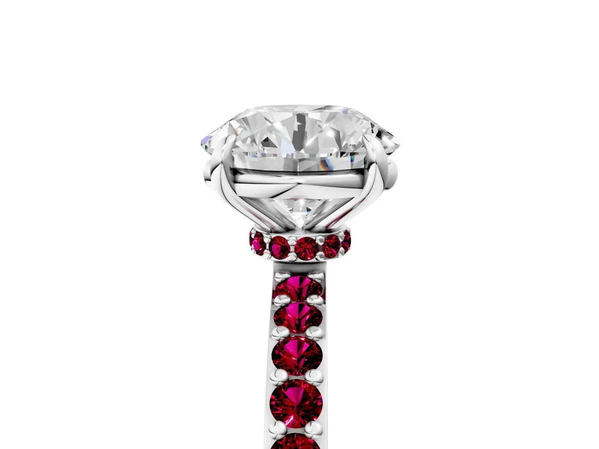 Round Cut Diamond Pavé Engagement Ring with Round Garnet Accents and Prong Setting Silver