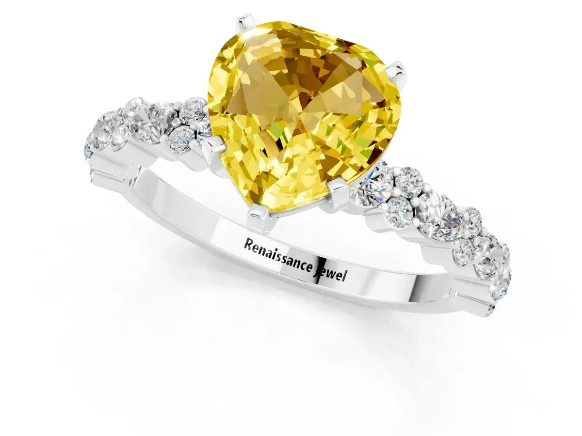 Heart Cut Yellow Sapphire Side Stone Solitaire Ring with Round and Four-Prong Setting Silver