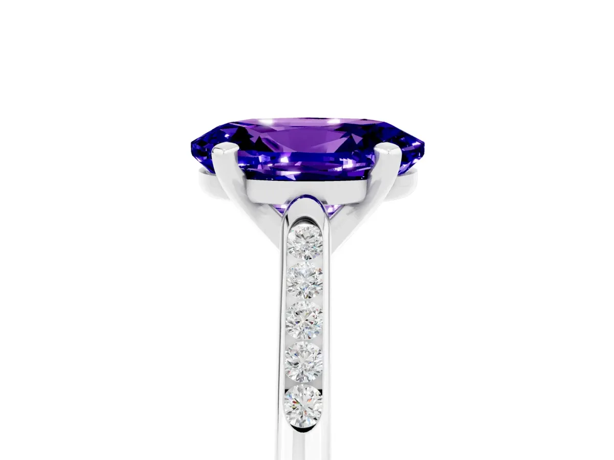 Oval Cut Tanzanite Solitaire Ring with Channel Set Round Band and Prong Setting Silver