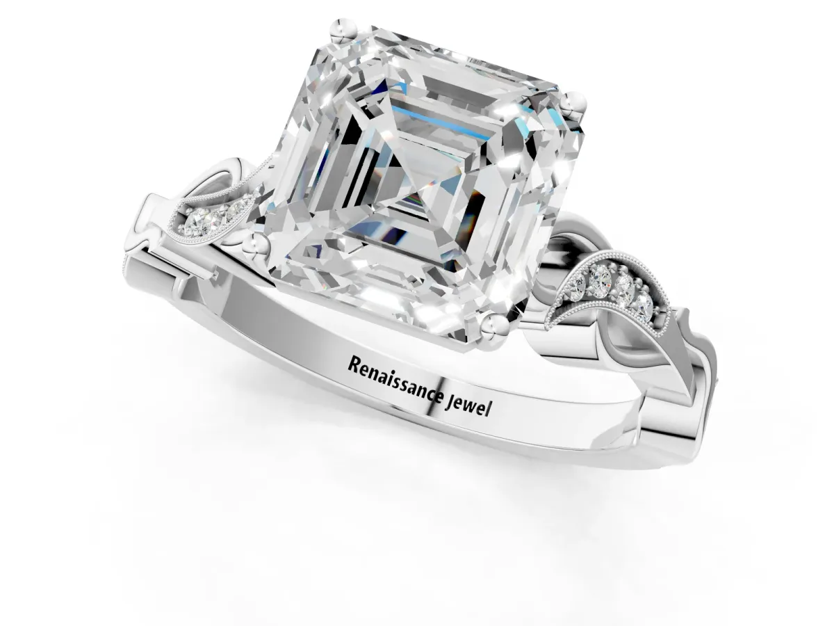 Asscher Cut Solitaire Vine Band with Milgrain Prong Setting Platinum