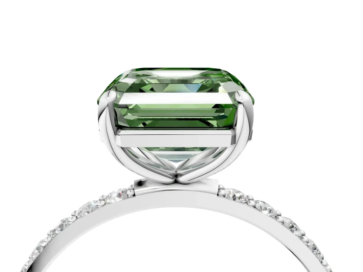 Fancy Green Asscher Cut Diamond Solitaire Ring with Round Pavé Band and Prong Setting Silver