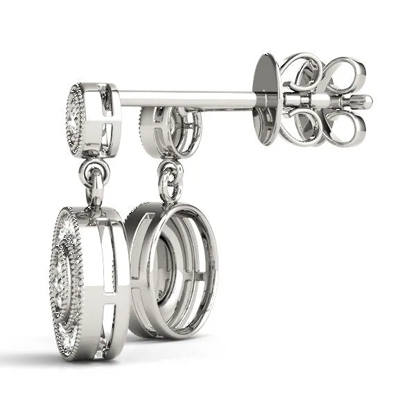 Round Halo Diamond Drop Earrings with Milgrain Bezel Setting Silver