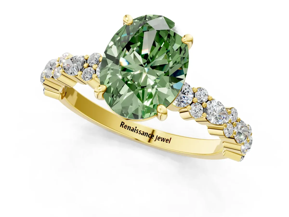 Fancy Green Oval Cut Diamond Side Stone Solitaire Ring with Round and Four-Prong Setting Yellow gold