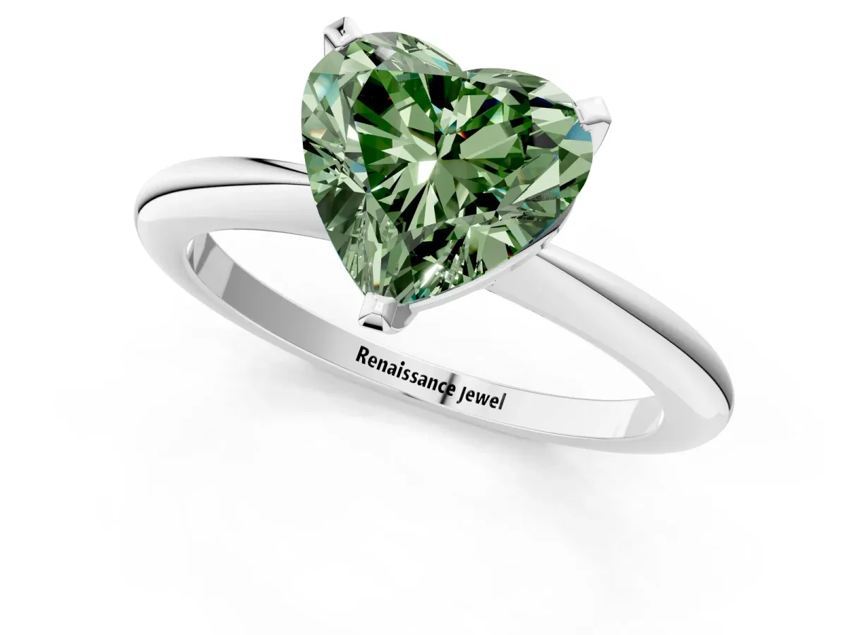 Fancy Green Heart Cut Diamond Solitaire Ring with Six-Prong Setting and Classic Band Silver