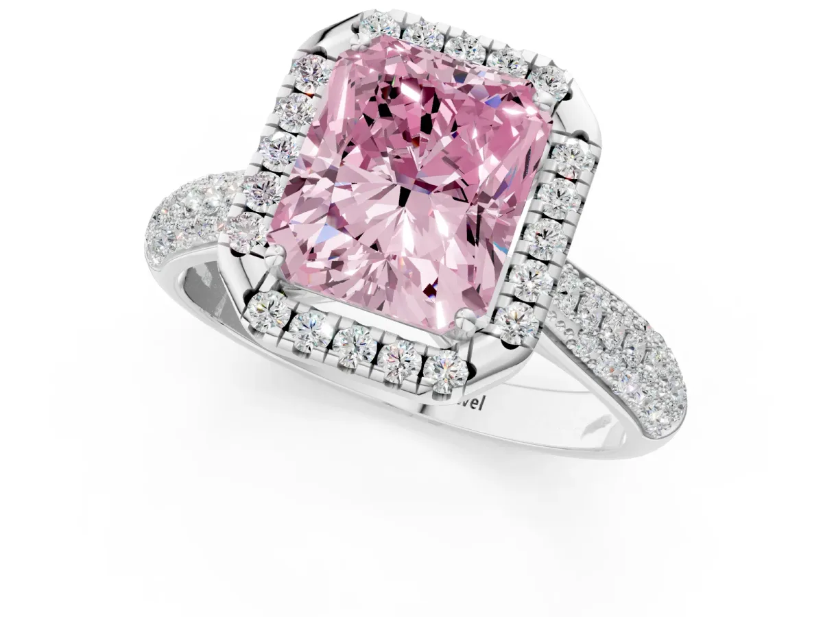 Fancy Pink Radiant Cut Cut Halo Pave Band Four-Prong Setting Ring Platinum