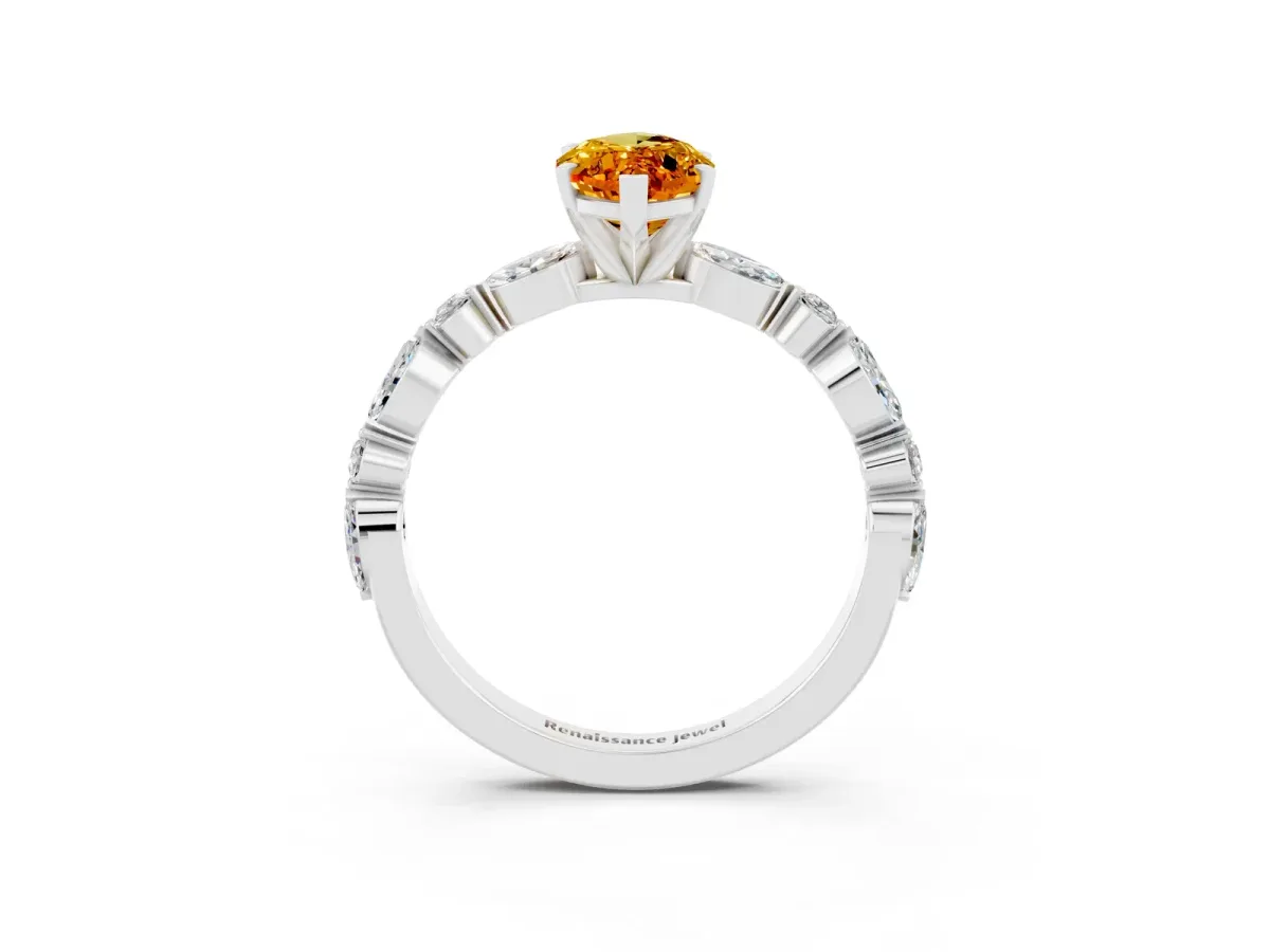 Marquise Cut Citrine Ring with Marquise and Round Side Stones and Four-Prong Setting Silver