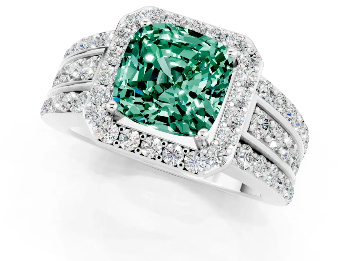 Cushion Cut Halo Green Sapphire Ring with Round Split Shank and Prong Setting Silver