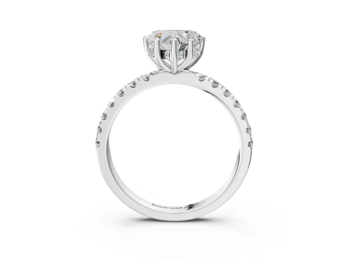 Heart Cut Diamond Pave Band Solitaire Ring with Round and Prong Setting Silver