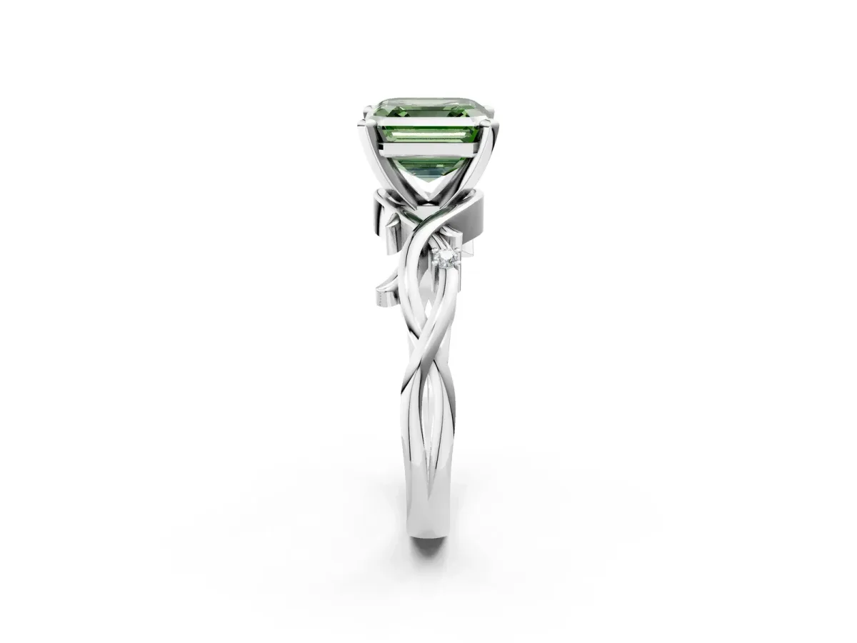 Fancy Green Asscher Cut Diamond Solitaire Ring with Twisted Band and Prong Setting Platinum