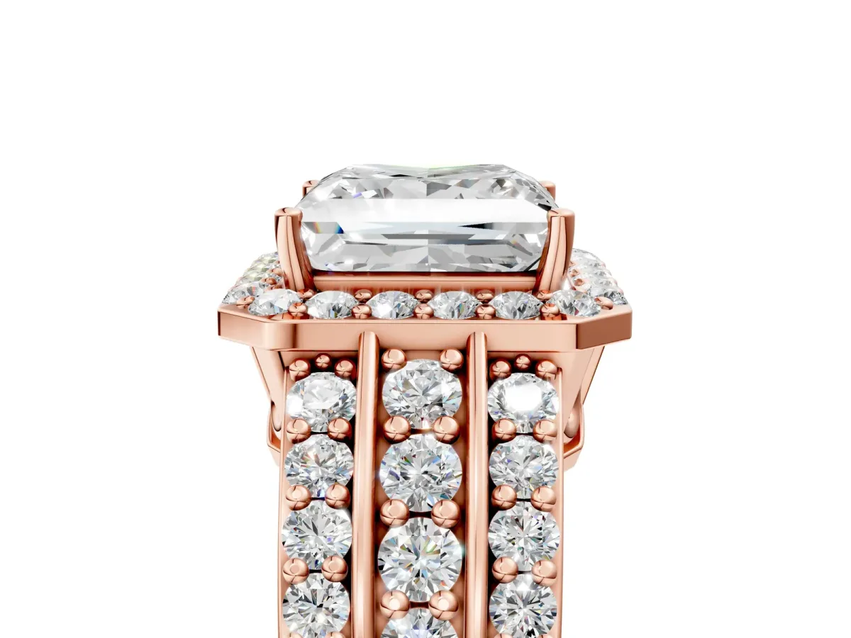 Princess Cut Halo Diamond Ring with Round Split Shank and Prong Setting Rose gold