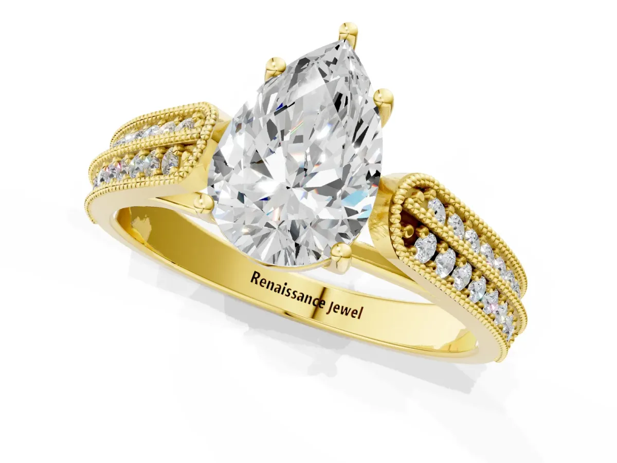 Pear Cut Cut Pave Split Shank Engagement Ring with Four-Prong Setting Yellow gold