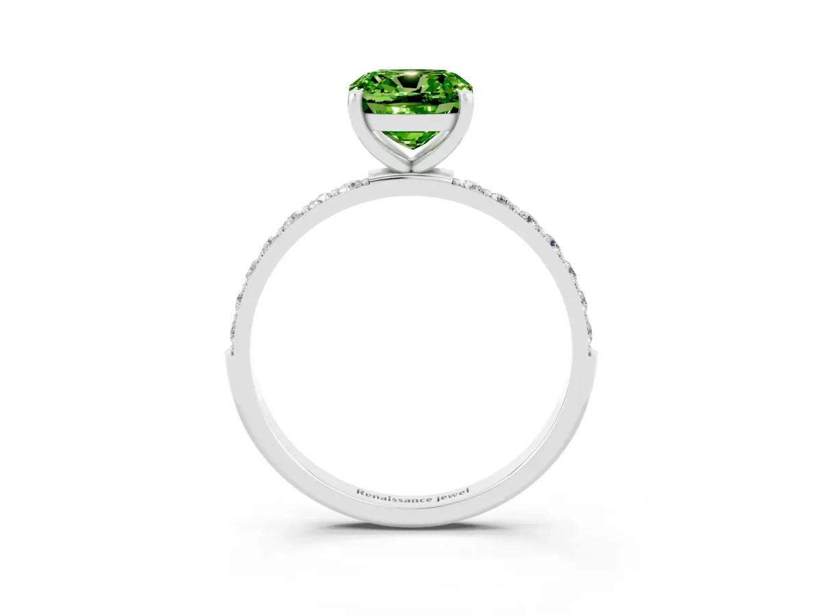Cushion Cut Peridot Solitaire Ring with Round Pavé Band and Prong Setting Silver