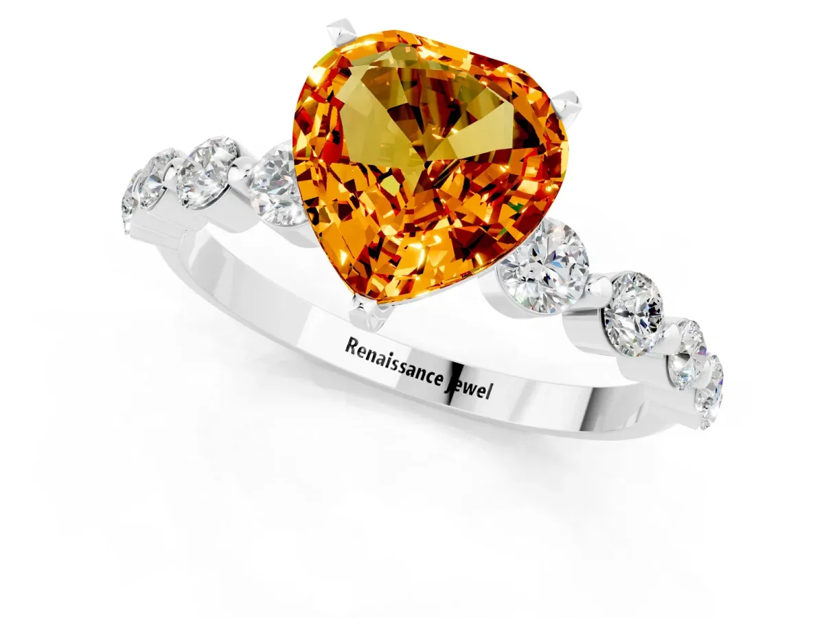 Heart Cut Solitaire Citrine Ring with Pave Band and Four-Prong Setting Silver