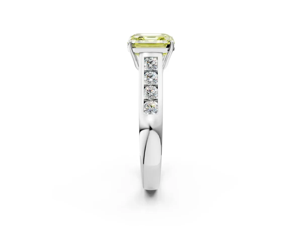 Fancy Yellow Asscher Cut Solitaire Channel-Set Diamond Engagement Ring with Four-Prong Setting Platinum