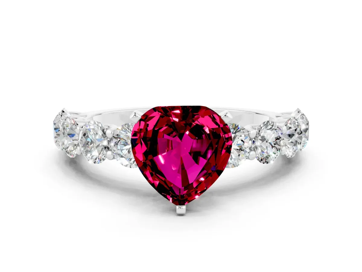 Heart Cut Garnet Prong Setting with Side Stones on a Pave Band Silver