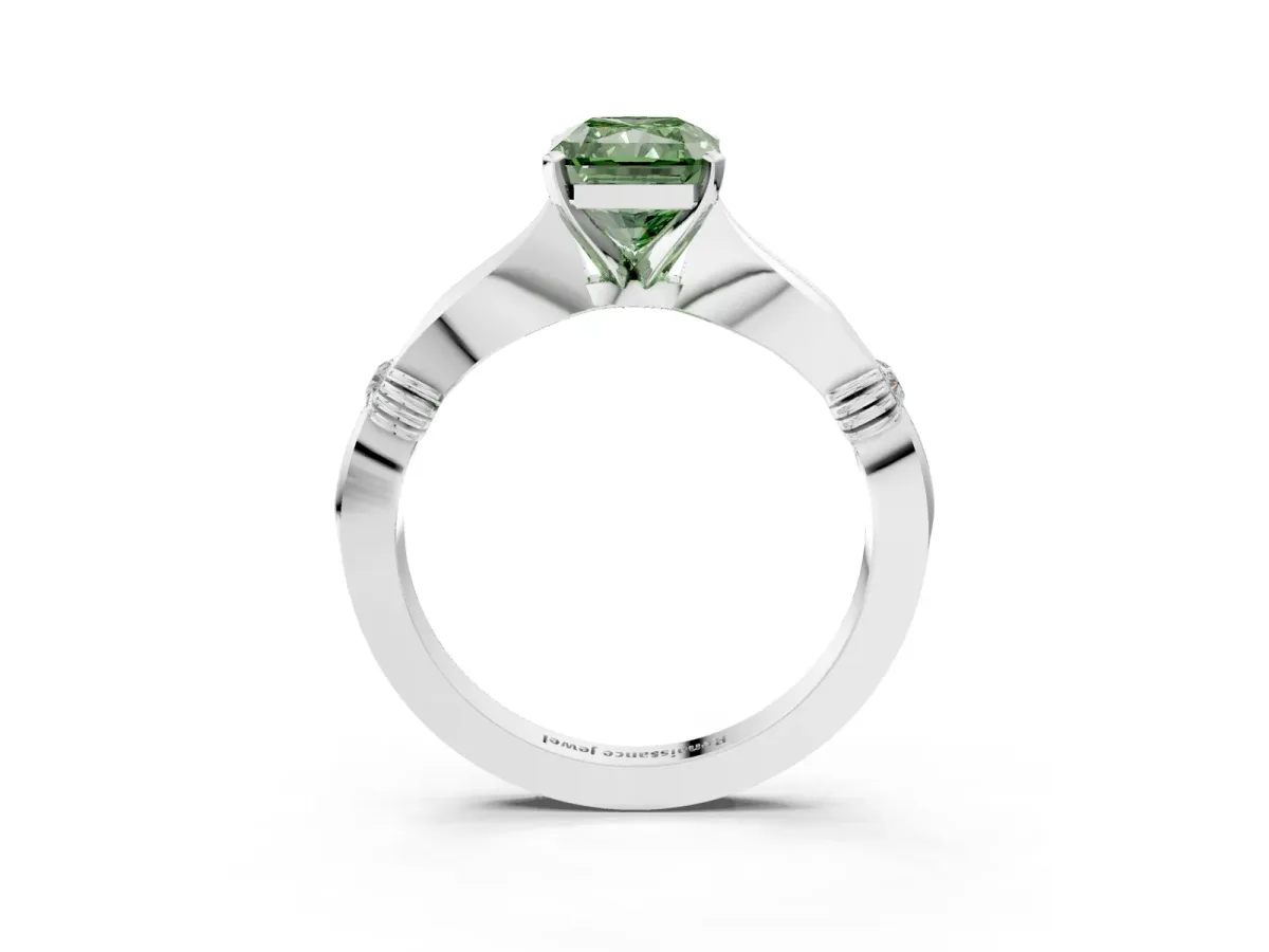 Fancy Green Radiant Cut Solitaire Diamond Twisted Band with Four-Prong Setting Platinum