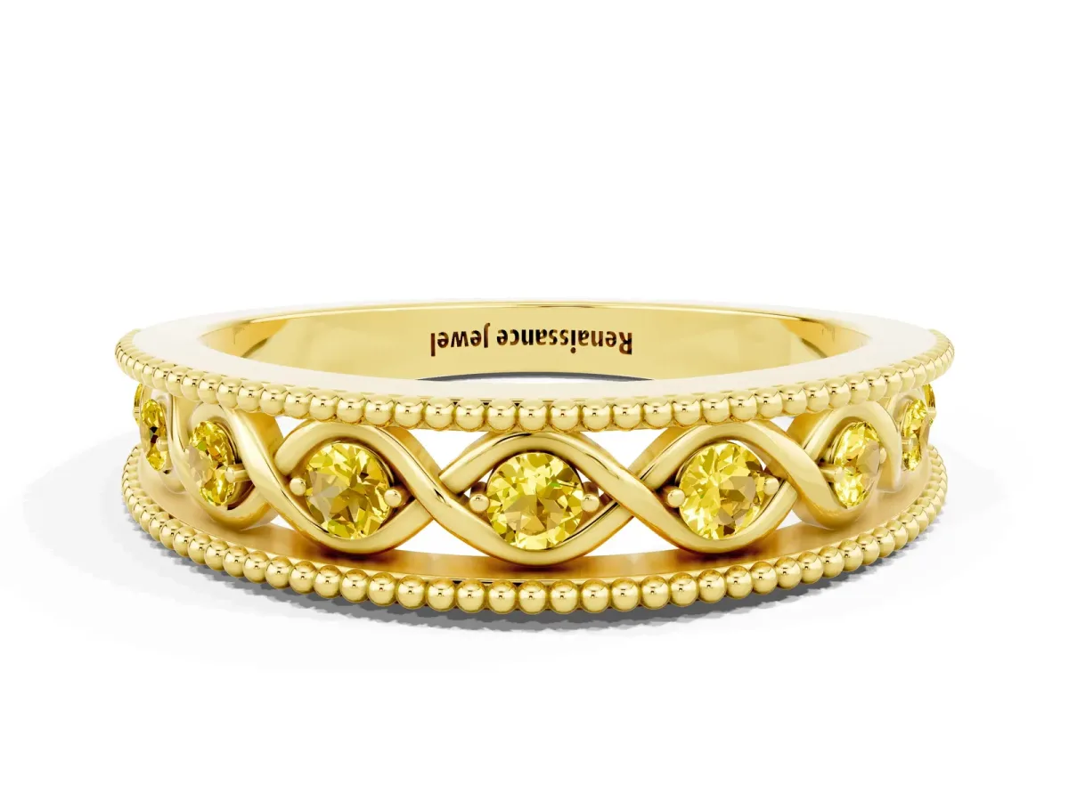 Round Yellow Sapphire Twist Milgrain Band with Bezel Setting Yellow gold