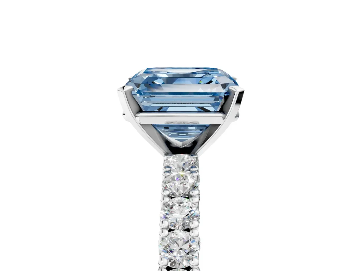 Fancy Blue Asscher Cut Diamond Solitaire Ring with Round Accent Pavé Band and Prong Setting Platinum