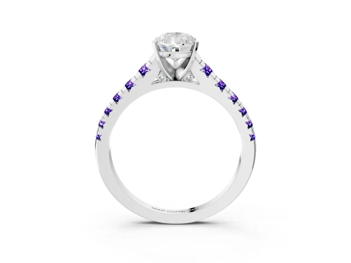 Pear Cut Diamond Cathedral Solitaire Ring with Round Tanzanite Pavé Band Silver