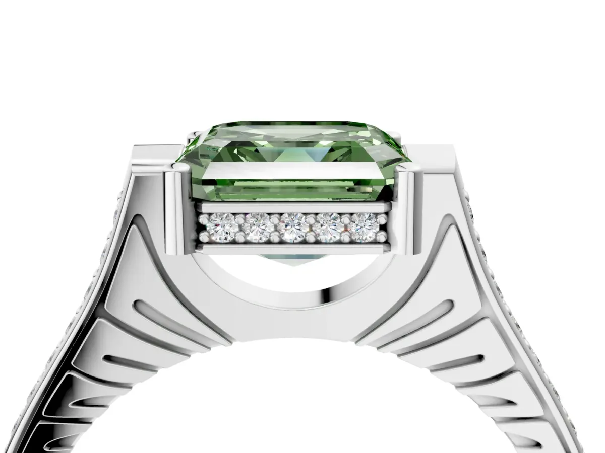 Fancy Green Asscher Cut Solitaire Diamond Ring with Channel Set Band and Bezel Prong Setting Platinum