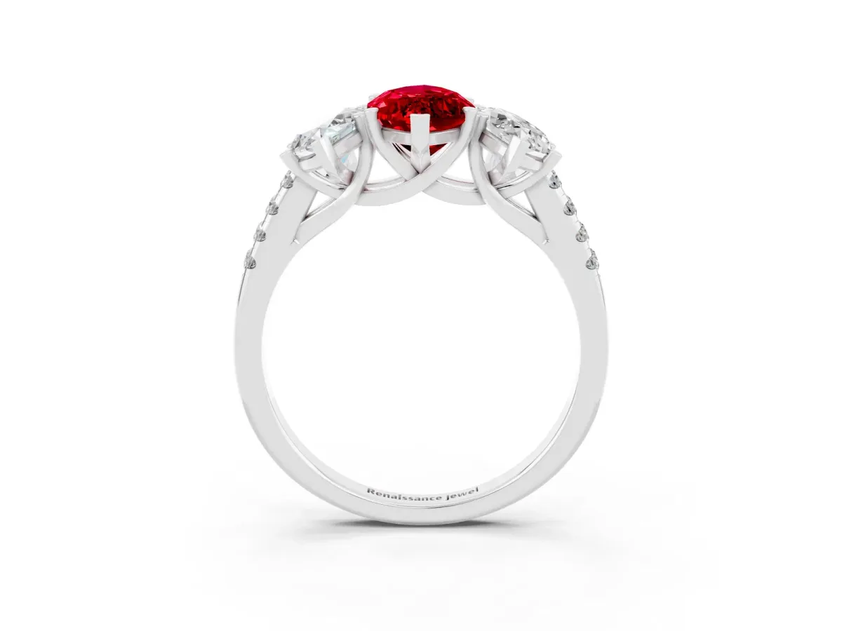 Three-Stone Marquise Cut Ruby Ring with Round Pavé Band and Prong Setting Platinum