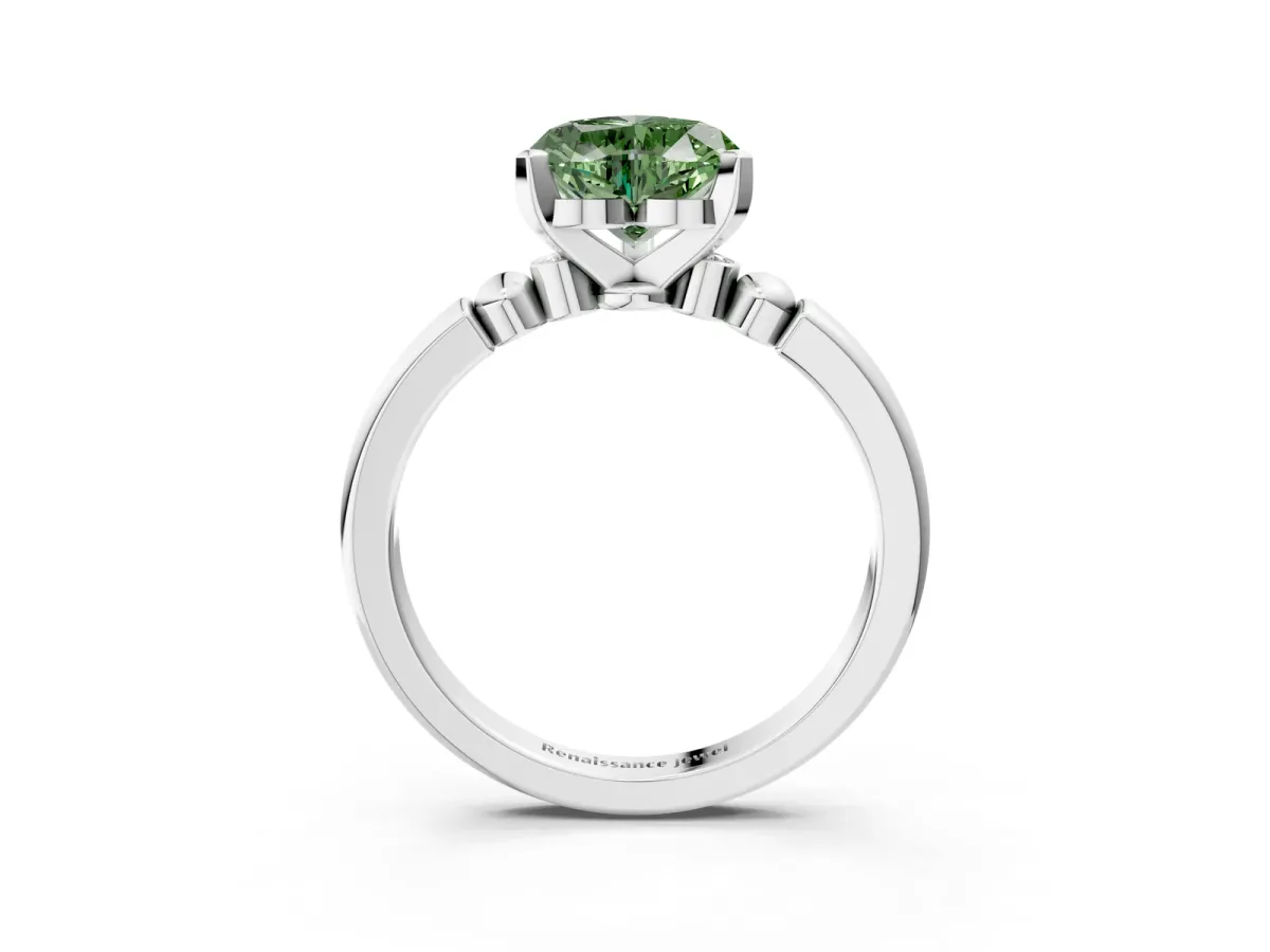Fancy Green Heart Cut Solitaire Beaded Band with Four-Prong Setting Platinum