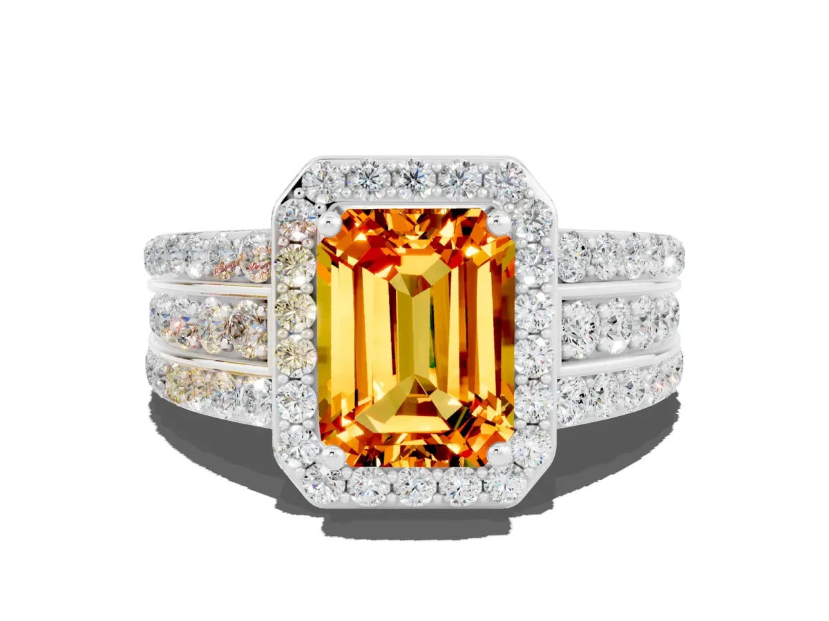 Emerald Cut Halo Citrine Ring with Round Split Shank and Prong Setting Platinum