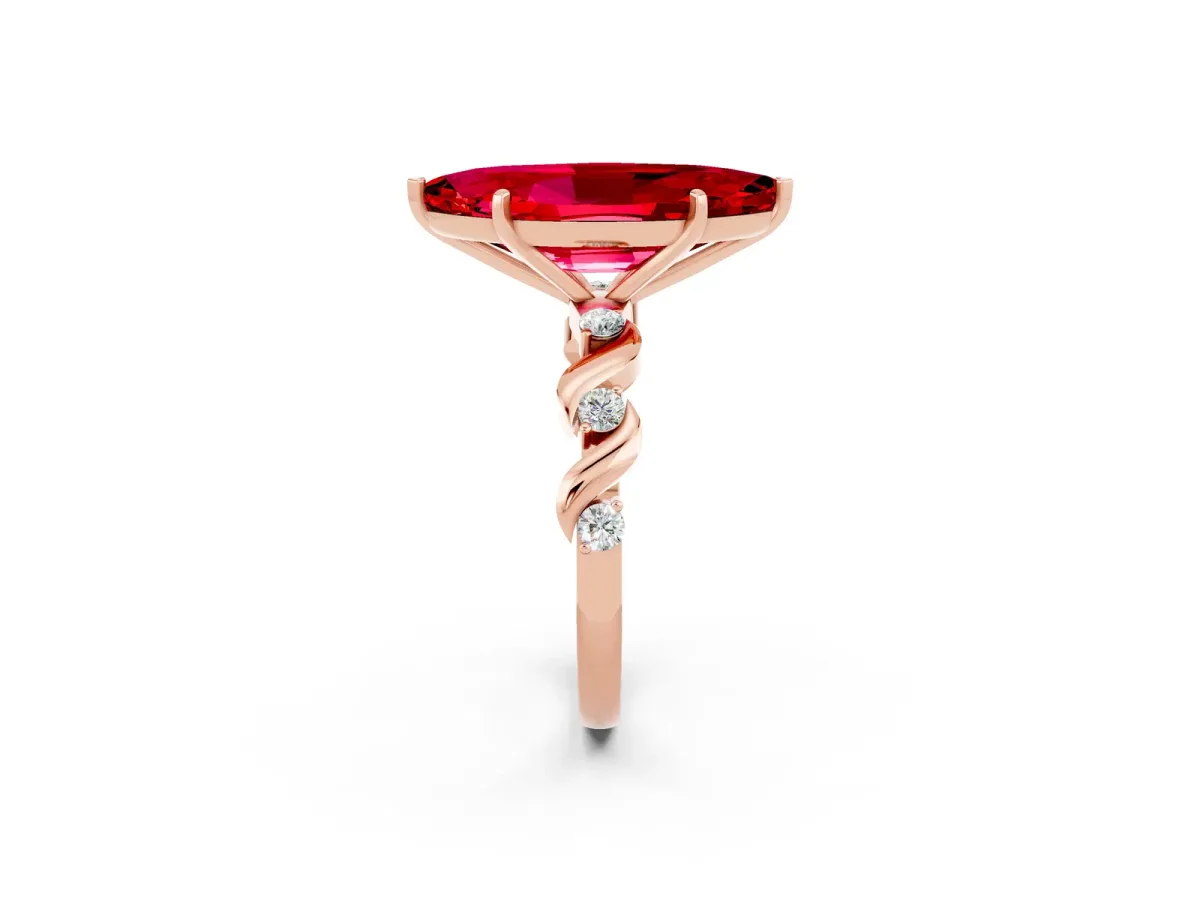 Marquise Cut Ruby Solitaire Twisted Band with Round Accents and Prong Setting Rose gold