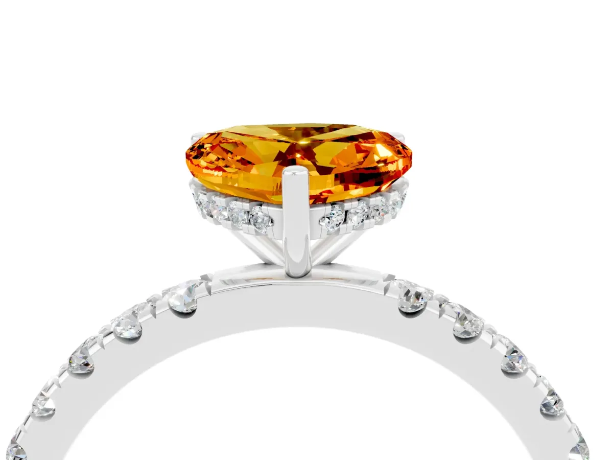 Heart Cut Citrine Pave Band Solitaire Ring with Round and Prong Setting Platinum